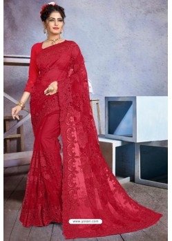 Red Net Heavy Embroidered Designer Saree