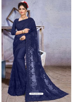 Navy Blue Net Heavy Embroidered Designer Saree