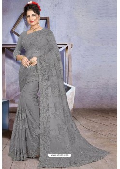 Grey Net Heavy Embroidered Designer Saree