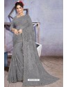 Grey Net Heavy Embroidered Designer Saree