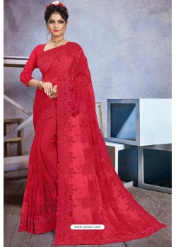 Pretty Red Net Heavy Embroidered Designer Saree