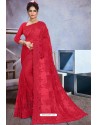 Pretty Red Net Heavy Embroidered Designer Saree