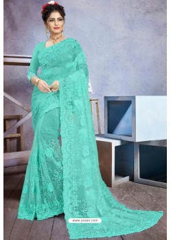 Aqua Mint Net Heavy Embroidered Designer Saree