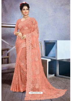 Peach Net Heavy Embroidered Designer Saree