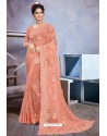 Peach Net Heavy Embroidered Designer Saree