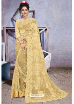 Yellow Net Heavy Embroidered Designer Saree