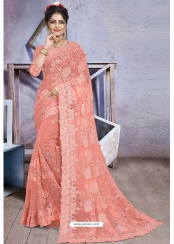 Amazing Peach Net Heavy Embroidered Designer Saree