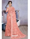 Amazing Peach Net Heavy Embroidered Designer Saree