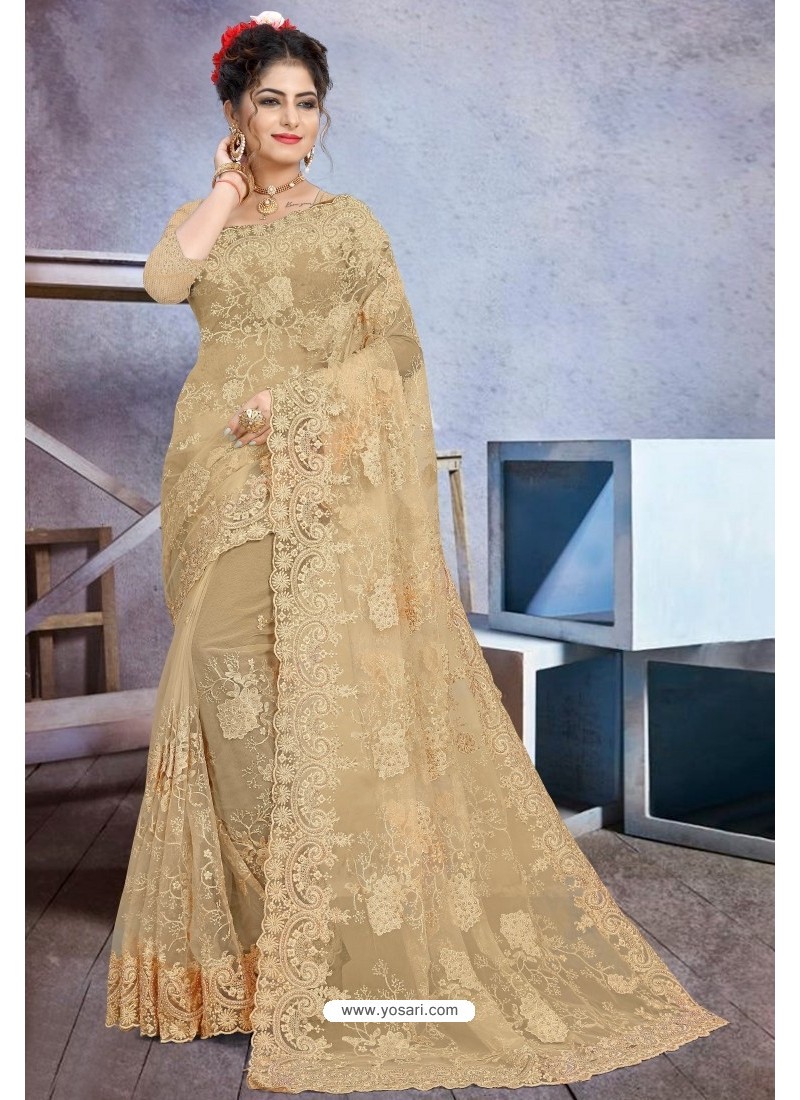 Buy Golden Net Heavy Embroidered Designer Saree | Designer Sarees