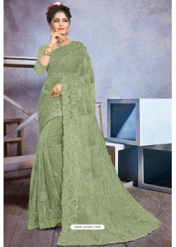 Green Net Heavy Embroidered Designer Saree