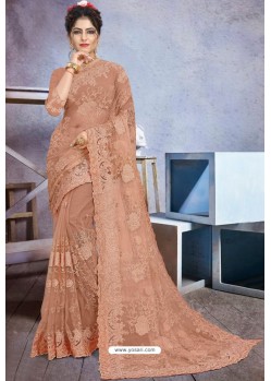 Light Brown Net Heavy Embroidered Designer Saree