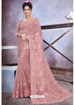 Dusty Pink Net Heavy Embroidered Designer Saree