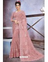 Dusty Pink Net Heavy Embroidered Designer Saree