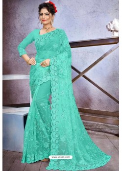 Aqua Blue Net Heavy Embroidered Designer Saree