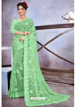 Latest Sea Green Net Heavy Embroidered Designer Saree