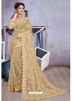 Lovely Golden Net Heavy Embroidered Designer Saree