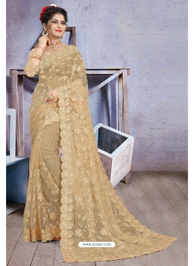 Buy Lovely Golden Net Heavy Embroidered Designer Saree | Designer ...