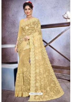 Light Yellow Net Heavy Embroidered Designer Saree