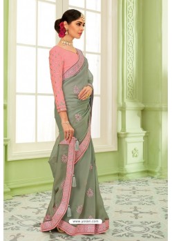 Grayish Green Latest Georgette Embroidered Designer Saree