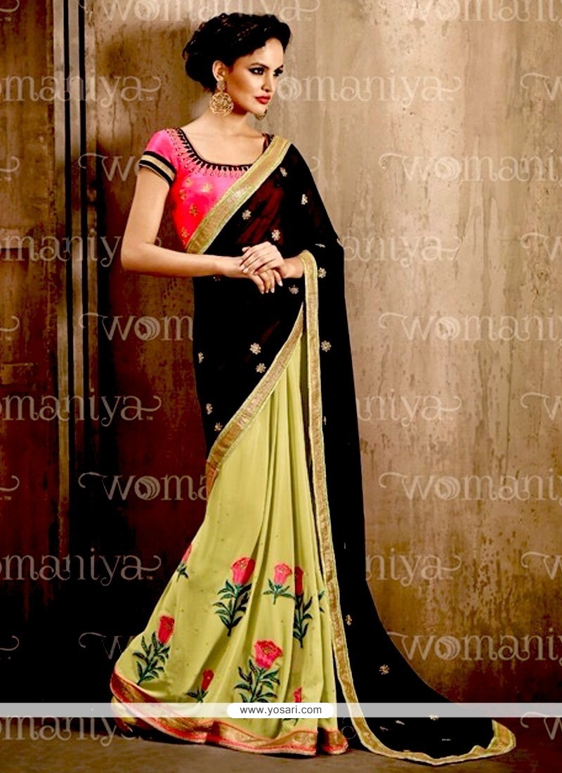 Urbane Georgette Black And Green Embroidered Work Contemporary Style Saree