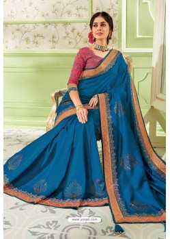 Peacock Blue Latest Silk Chiffon Embroidered Designer Saree