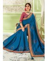 Peacock Blue Latest Silk Chiffon Embroidered Designer Saree