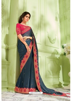 Navy Blue Latest Chiffon Embroidered Designer Saree