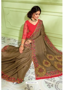 Brown Latest Silk Embroidered Designer Saree