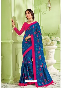 Royal Blue Latest Silk Embroidered Designer Saree