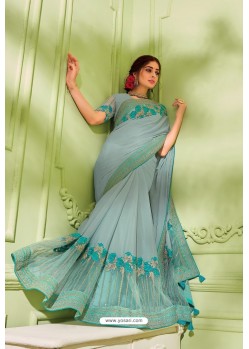 Aqua Grey Latest Chiffon Embroidered Designer Saree