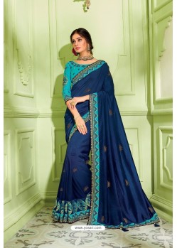 Navy Blue Latest Silk Embroidered Designer Saree