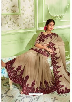 Beige Latest Silk Chiffon Embroidered Designer Saree