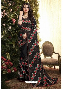 Black Satin Silk Reasham Embroidered Designer Saree