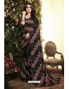 Black Satin Silk Reasham Embroidered Designer Saree