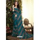 Teal Blue Satin Silk Reasham Embroidered Designer Saree