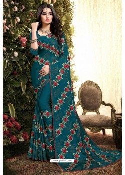 Teal Blue Satin Silk Reasham Embroidered Designer Saree