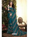 Teal Blue Satin Silk Reasham Embroidered Designer Saree