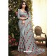 Grey Satin Silk Reasham Embroidered Designer Saree