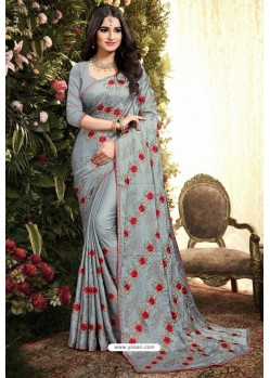 Grey Satin Silk Reasham Embroidered Designer Saree