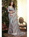 Grey Satin Silk Reasham Embroidered Designer Saree