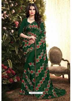 Dark Green Satin Silk Reasham Embroidered Designer Saree