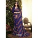 Navy Blue Satin Silk Reasham Embroidered Designer Saree