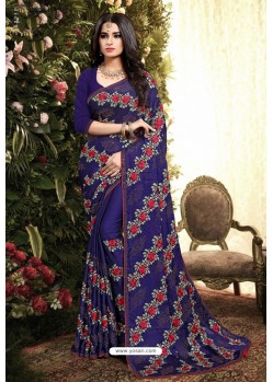 Navy Blue Satin Silk Reasham Embroidered Designer Saree