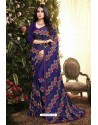 Navy Blue Satin Silk Reasham Embroidered Designer Saree