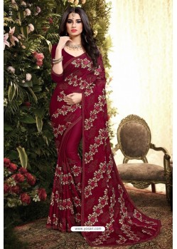 Maroon Satin Silk Reasham Embroidered Designer Saree