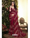 Maroon Satin Silk Reasham Embroidered Designer Saree