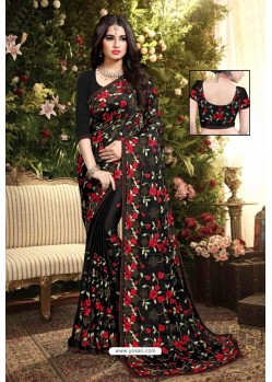 Black Satin Silk Reasham Embroidered Designer Saree