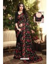 Black Satin Silk Reasham Embroidered Designer Saree