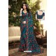 Teal Blue Satin Silk Reasham Embroidered Designer Saree