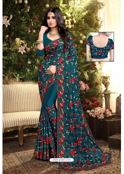 Teal Blue Satin Silk Reasham Embroidered Designer Saree